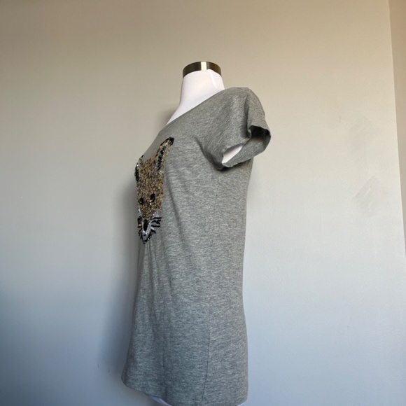 French Connection Embellished Sequin Beaded Gray Fox Cotton T-shirt Tee Top S - Picture 5 of 9